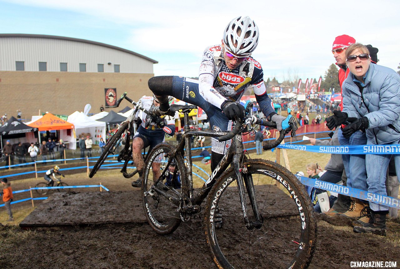 Sue Butler leads Sherwin in their 3-way race among teammates for fourth. 2010 Cyclocross National Championships, Women's Race.  Cyclocross