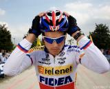 Zdenek Stybar waits for the start at the season's first World Cup in Treviso, Italy. (From UCI Cyclocross World Cup 2009/2010, ? Balint Hamvas)