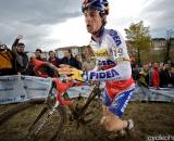 A muddy Zdenek Stybar on his way to his second World Cup win of the season in Igorre, Spain. (From UCI Cyclocross World Cup 2009/2010, ? Balint Hamvas)