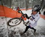 Katie Compton on the slippery stairs in Kalmthout. (From UCI Cyclocross World Cup 2009/2010, ? Balint Hamvas)