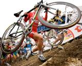 The Elite Men hit the stairs for the first time in Nommay. (From UCI Cyclocross World Cup 2009/2010, ? Balint Hamvas)