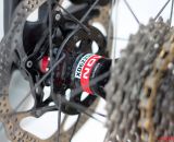 TRP HyRd Disc Brakes, 140mm rear rotor, and Novatec hubs on Justin Lindine's Redline Conquest Team Disc cyclocross bike. © Cyclocross Magazine