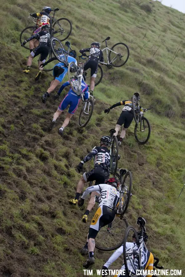 The soft run-up proved challenging. Socal vs. Norcal Cyclocross Championships.  Tim Westmore