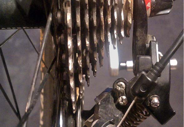 A bent derailleur is easy to miss but can hurt your race results.  Jason Gardner