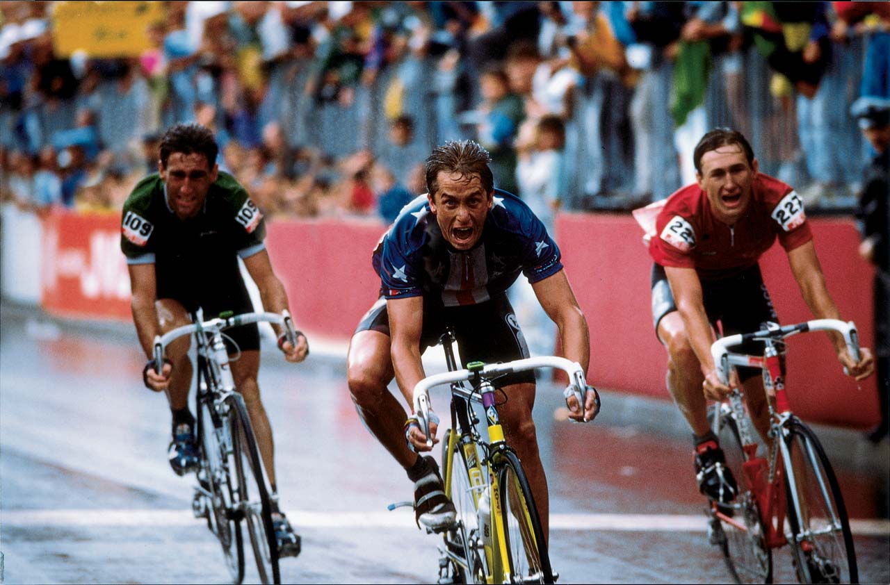 Greg Lemond beating Sean Kelly and Dimitri Konyshev to the line in Chambery in 1989.