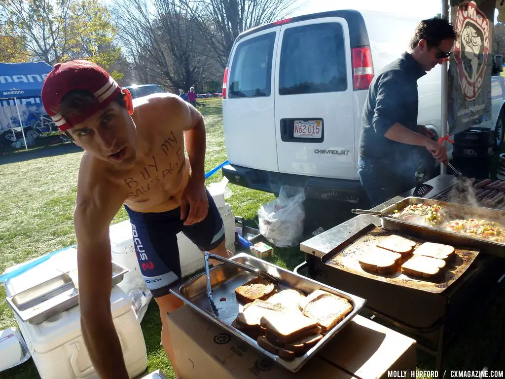 Jeremy Durrin served up sausages at CSI to try to raise funds for his trip. Cyclocross Magazine