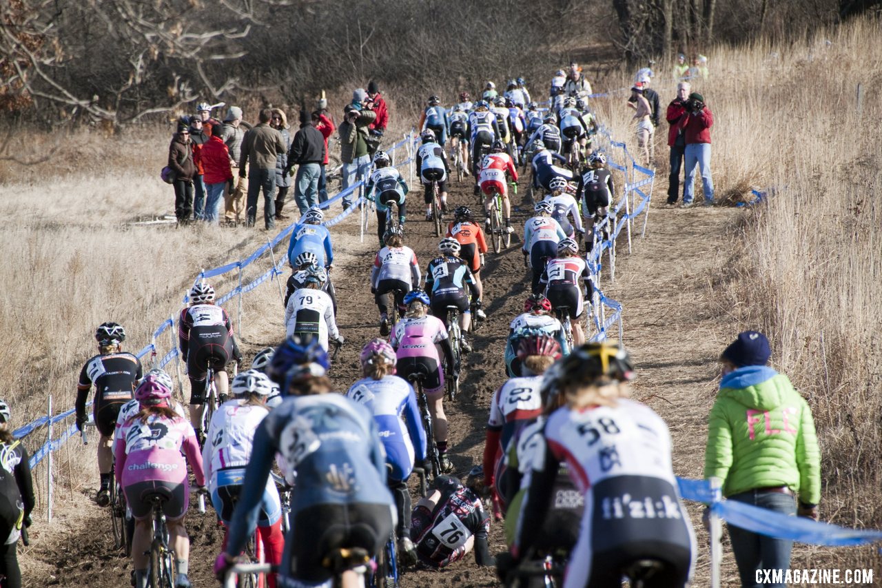 The Elite Women fight for the best lines up the first hill.  Cyclocross Magazine