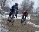 Johnson and Werner in a tight battle for the Collegiate D1 Men title. 2013 Cyclocross National Championships. © Cyclocross Magazine Johnson and Werner in a tight battle for the Collegiate D1 Men title. 2013 Cyclocross National Championships. © Cyclocross Magazine