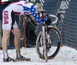 Logan Owen collapses in exhaustion, emotion, and disappointment after his fourth place finish at the 2013 Cyclocross World Championships. © Andrew Yee, Cyclocross Magazine