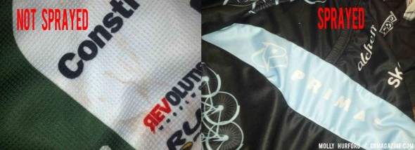 Pre-spraying muddy clothes is a smart move. Otherwise, your whites may not end up quite as bright. © Cyclocross Magazine Pre-spraying muddy clothes is a smart move. Otherwise, your whites may not end up quite as bright. © Cyclocross Magazine
