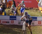 Katie Compton chased by Nikki Harris and Pavla Halikova at the 2013 Cyclocross World Cup in Tabor.