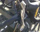 Laura van Gilder uses hot melt glue to add grip to her brake levers. © Andrew Reinmann / Cyclocross Magazine