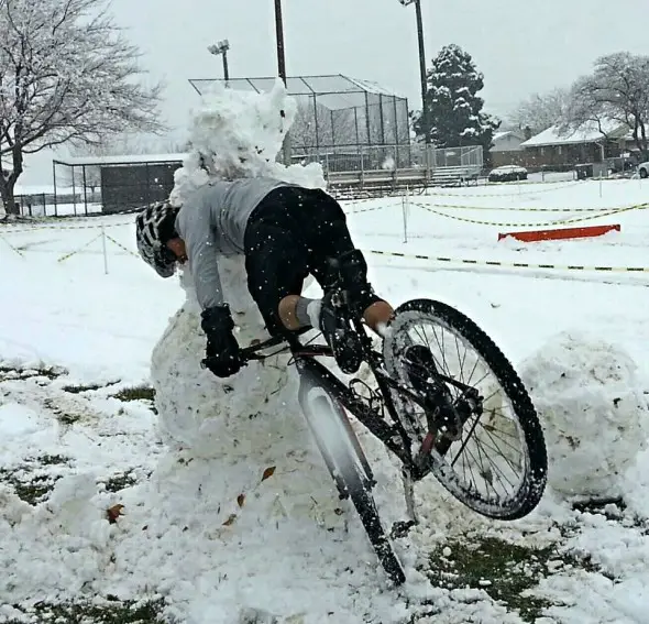 Photo: Snowman versus singlespeeder.  Heather Gilbert. 