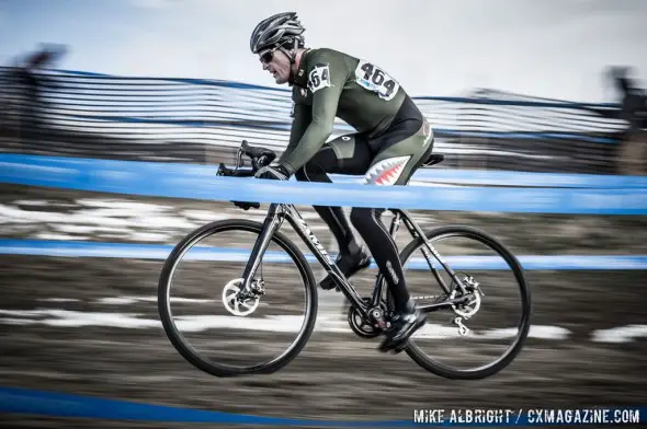 Darron Cheek (Cross Propz Racing) from Breckenridge, CO poses for a motion blur while racing Masters Men 45-49 at the 2014 National Championships. © Mike Albright