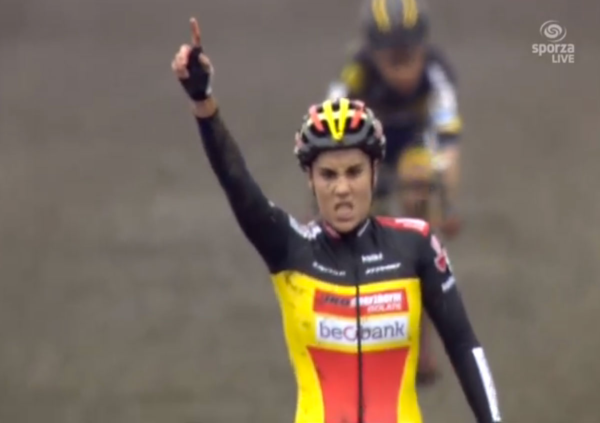 Thumbnail Credit (cxmagazine.com): Sanne Cant posts up across the line at the Hansgrohe Superprestige Gavere