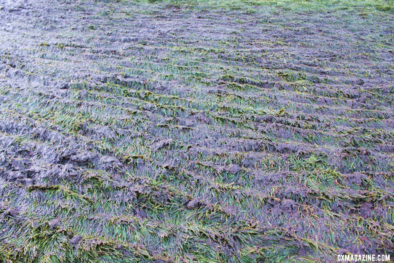 The grass has well-worn lines and lots of mud. © Cyclocross Magazine