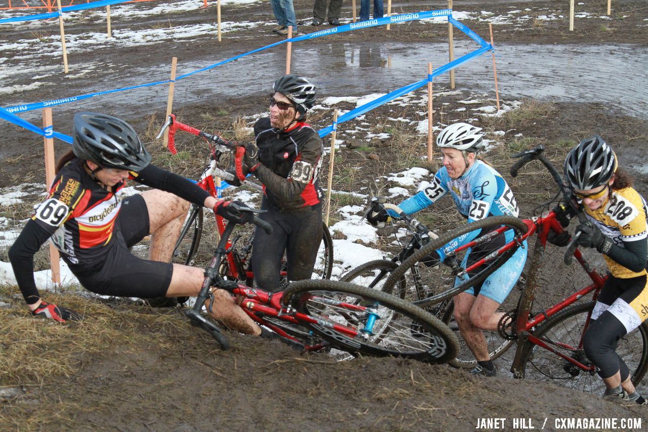 Crashes aplenty on the slick, muddy course. Cyclocross Nationals Day 2 © Janet Hill