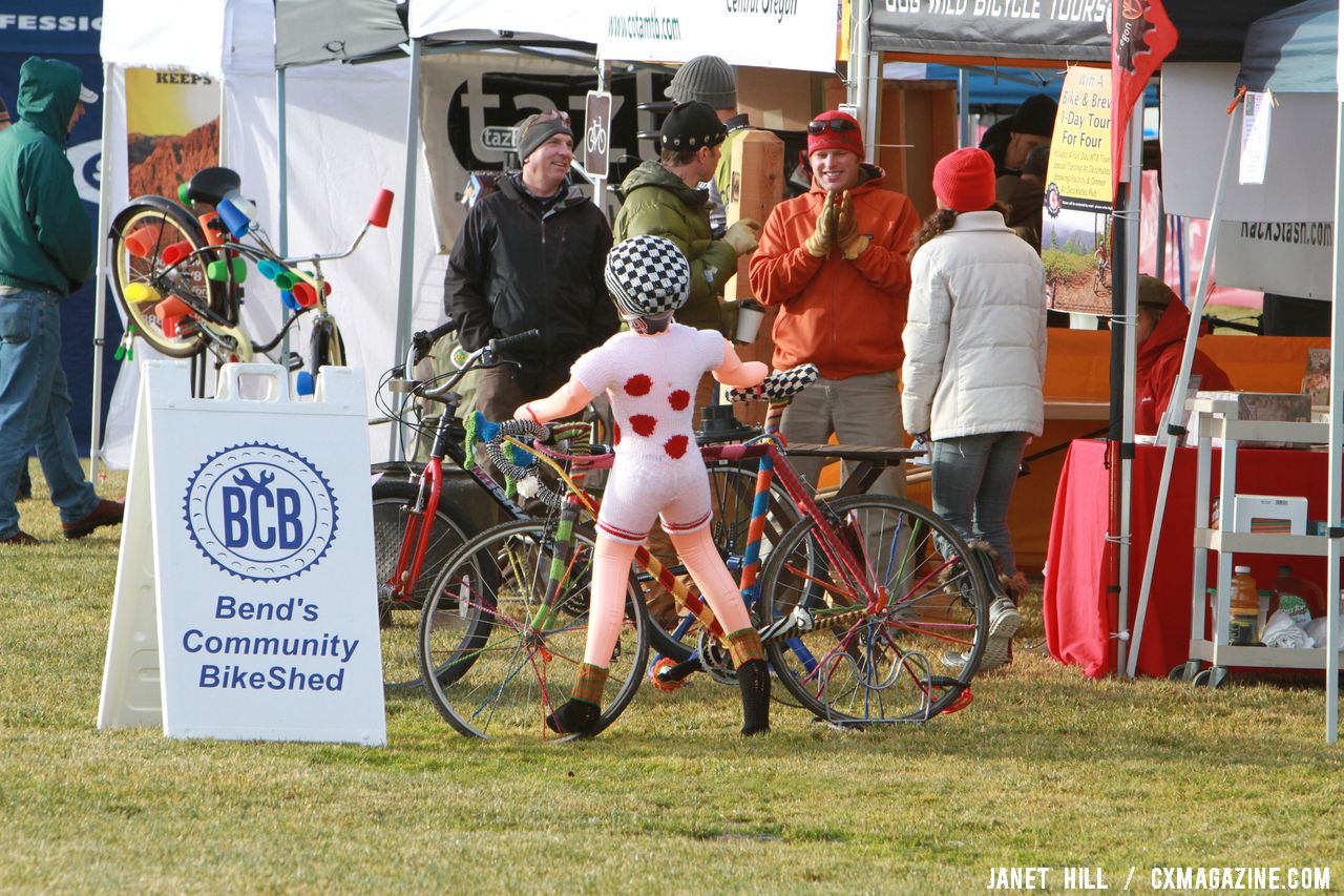 This knitted bike and manequin are up for auction. Cyclocross Nationals Day 2 © Janet Hill