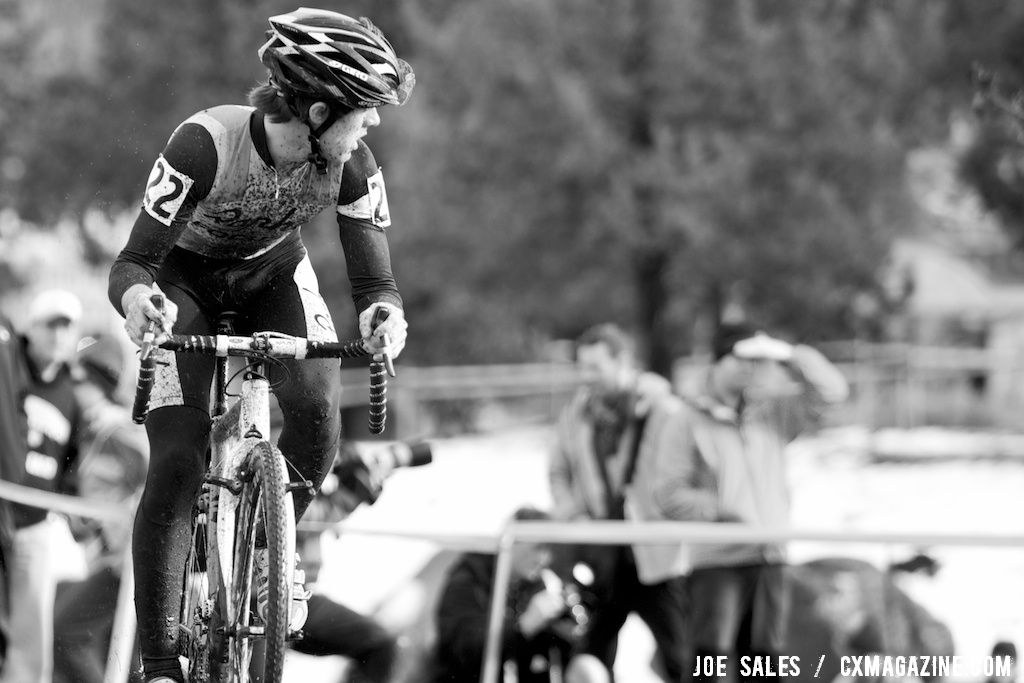 Too easy? Zach McDonald measures his big early gap. U23 Race, 2010 Cyclocross National Championships © Joe Sales