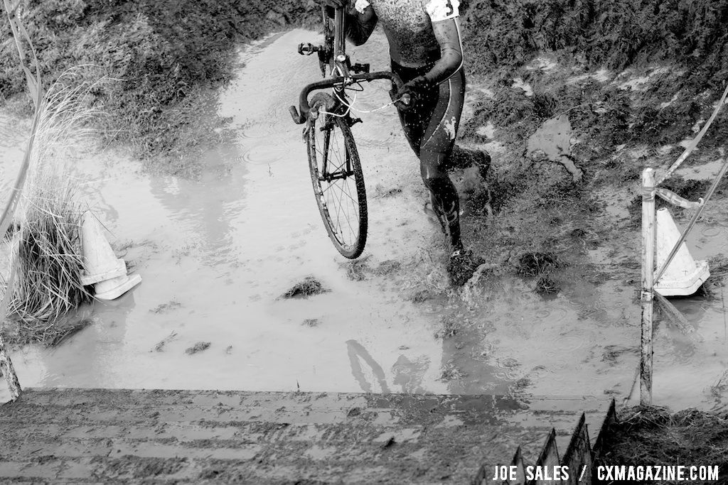 The puddle at the stairs was so deep it covered the bottom stair. U23 Race, 2010 Cyclocross National Championships © Joe Sales