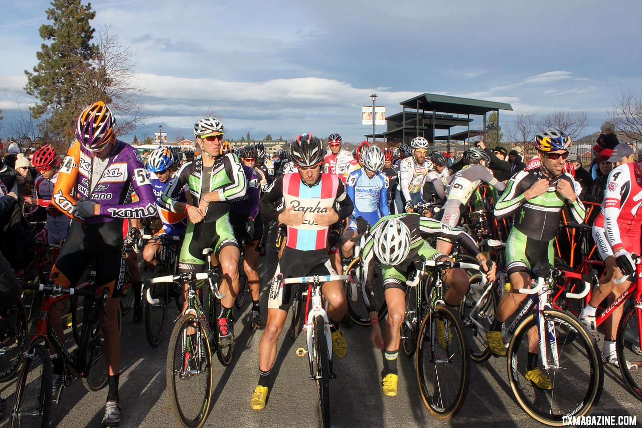 The men do their last-minute preparations before the gun. 2010 USA Cycling Cyclocross National Championships. © Cyclocross Magazine