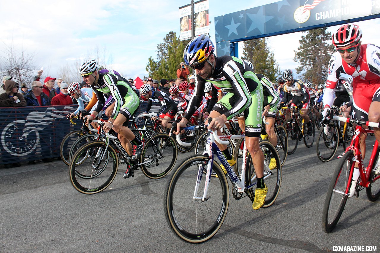 Tim Johnson and Jeremy Powers led off the line. 2010 USA Cycling Cyclocross National Championships. © Cyclocross Magazine