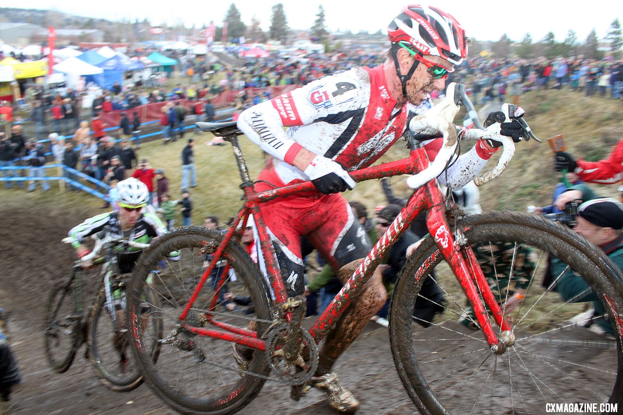Wells and Powers were neck and neck until Power\'s crash. 2010 USA Cycling Cyclocross National Championships. © Cyclocross Magazine