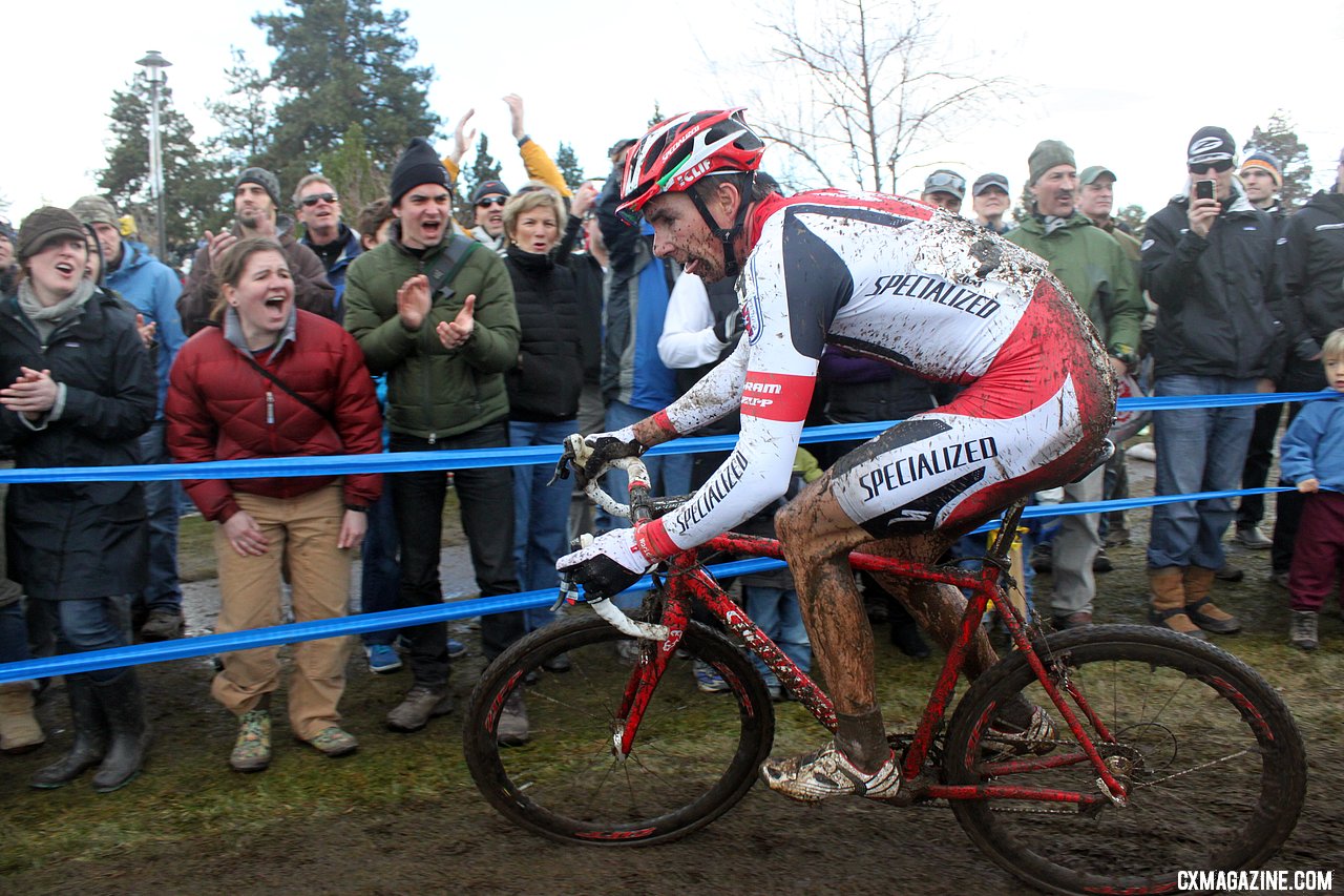 Wells riding to his third national title of the year, with the support of screaming fans. 2010 USA Cycling Cyclocross National Championships. © Cyclocross Magazine