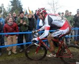 Wells riding to his third national title of the year, with the support of screaming fans. 2010 USA Cycling Cyclocross National Championships. © Cyclocross Magazine