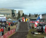 Santa and an official scoping out the flyover to make sure it's sleigh-safe. 2010 USA Cycling Cyclocross National Championships. © Cyclocross Magazine