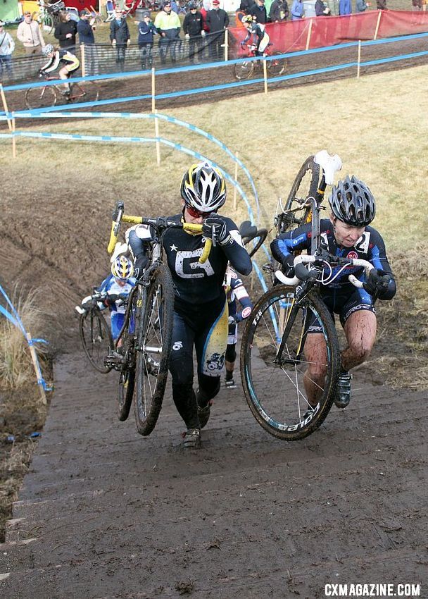 Andrea Smith and Laura van Gilder up the run-up. 2010 Cyclocross National Championships, Women's Race. © Cyclocross Magazine