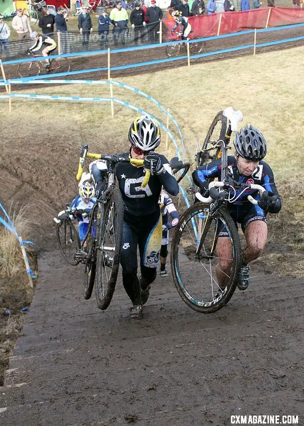 Andrea Smith and Laura van Gilder up the run-up. 2010 Cyclocross National Championships, Women's Race. © Cyclocross Magazine