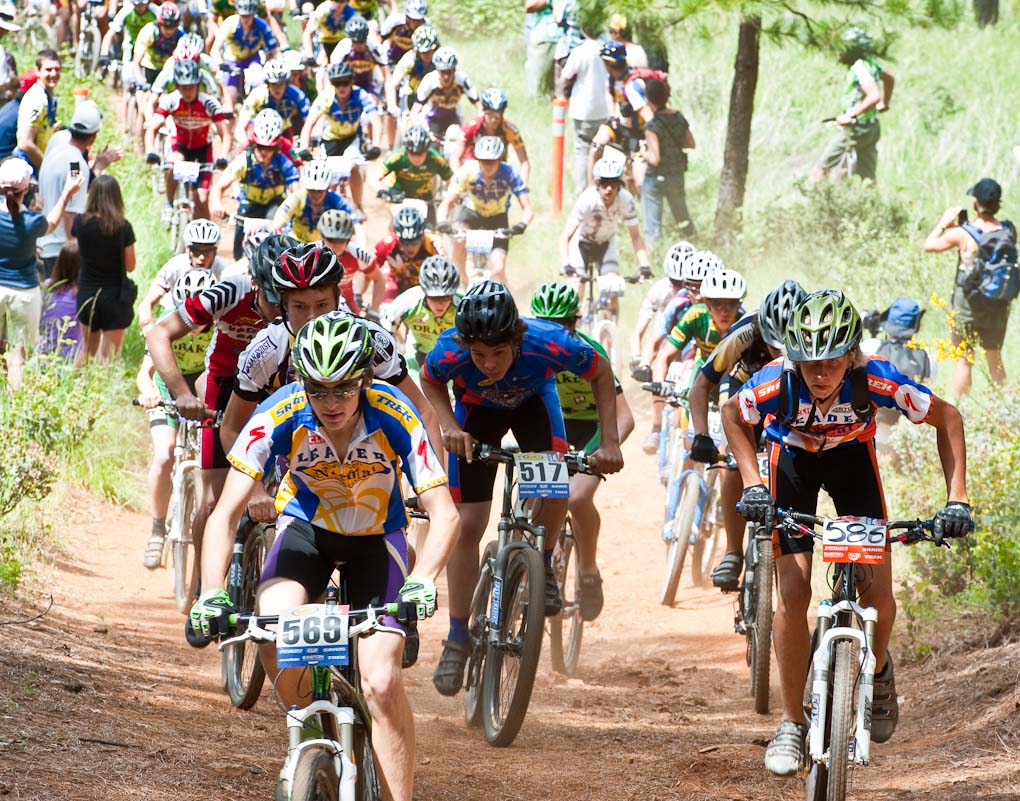 Salinas High\'s Steven Larson (586) leads Newport Beach\'s Alex Milewski (586) at the Soph Boy\'s Division 1 race during the NICA California State Championships at Loma Rica Ranch in Grass Valley, California on May 16, 2010. © Robert Lowe. 
