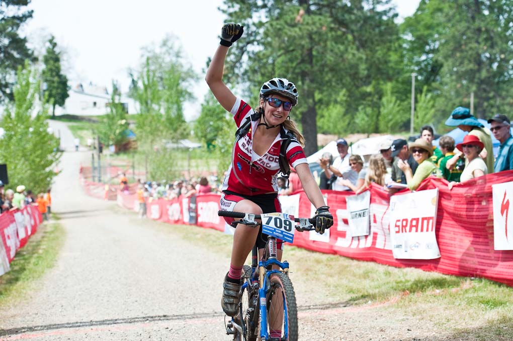 Redwood High\'s Josephine Nordrum enjoys victory at the Frosh Girl\'s race during the NICA California State Championships at Loma Rica Ranch in Grass Valley, California on May 16, 2010. © Robert Lowe. 