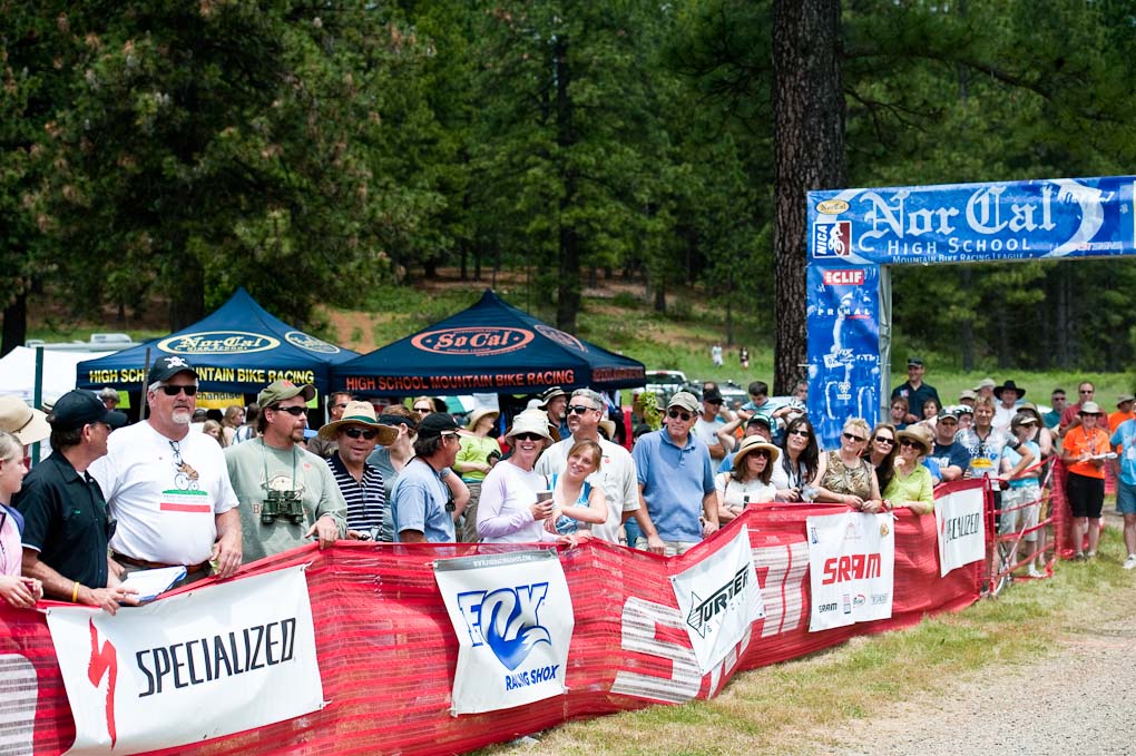 The finish line crowd during the NICA California State Championships at Loma Rica Ranch in Grass Valley, California on May 16, 2010. © Robert Lowe. 