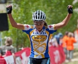 Sophomore Shayne Powless (Independent) celebrates victory in the Varsity Girl's race during the NICA California State Championships at Loma Rica Ranch in Grass Valley, California on May 16, 2010. © Robert Lowe. 