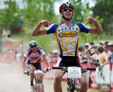 San Rafael's Will Curtis celebrates winning the Varsity Boy's race ahead of SoCal's Zach Valdez (Hemet) during the NICA California State Championships at Loma Rica Ranch in Grass Valley, California on May 16, 2010. © Robert Lowe