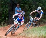 SoCal independent racer Casey Williams (381) leads Tamalpais High's Spence Peterson during the JV Boy's Division 2 race at the NICA California State Championships at Loma Rica Ranch in Grass Valley, California on May 16, 2010. © Robert Lowe. 