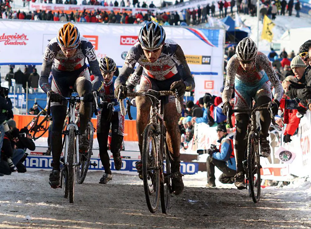 Danny Summerhill and Dave Hackworth lead their chase group. 2010 U23 Cyclocross World Championships. ? Bart Hazen