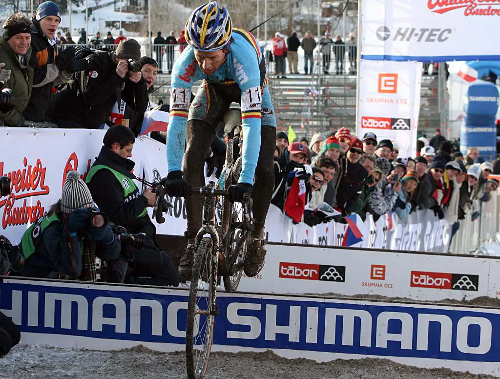 Tom Meeusen put on a good show, hopping the barriers, but had a late costly bobble. 2010 U23 Cyclocross World Championships. ? Bart Hazen