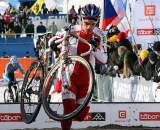 Poland's Pawel Szczepaniak ahead of Jim Aernouts early in the race. 2010 U23 Cyclocross World Championships. ? Bart Hazen