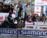 Tom Meeusen put on a good show, hopping the barriers, but had a late costly bobble. 2010 U23 Cyclocross World Championships. ? Bart Hazen