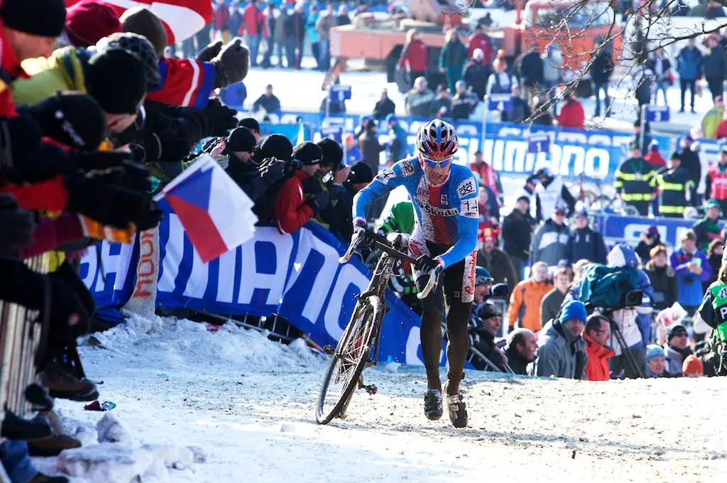 Stybar hits the slippery run up.  2010 Cyclocross World Championships in Tabor, Czech Republic.  ? Joe Sales