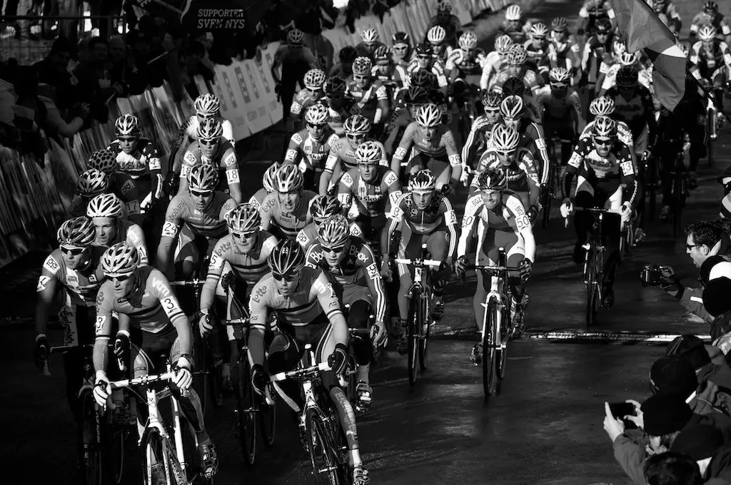 And they're off!  Elite men fight for the holeshot at the 2010 Cyclocross World Championships in Tabor, Czech Republic.  ? Joe Sales