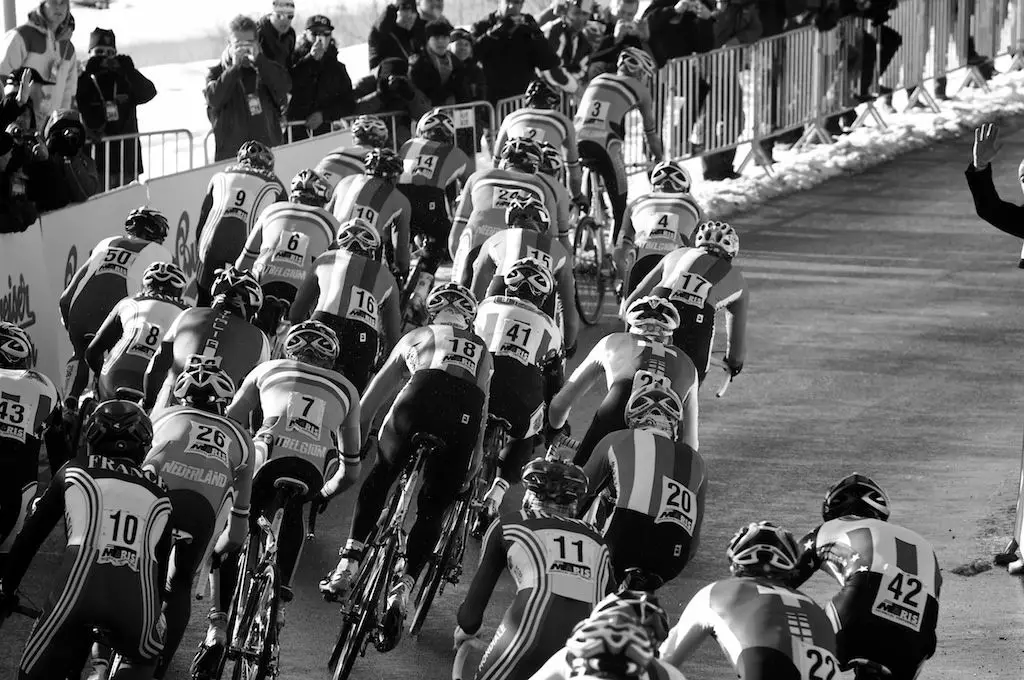 Belgium's Klaas Vantornout leads the elite men off the start line at the 2010 Cyclocross World Championships in Tabor, Czech Republic.  ? Joe Sales