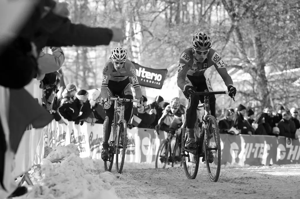 Klaas Vantornout chases Zdenek Stybar at the 2010 Cyclocross World Championships in Tabor, Czech Republic.  ? Joe Sales