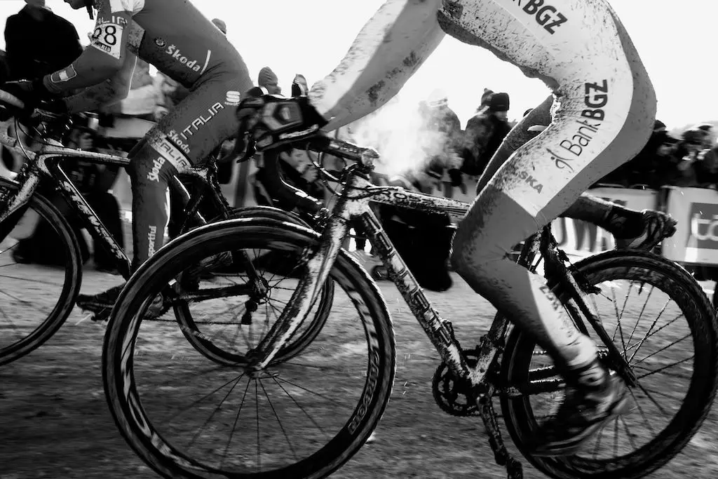 These riders didn't let icy conditions get in the way of a quick re-mount during the 2010 Cyclocross World Championships in Tabor, Czech Republic.  ? Joe Sales