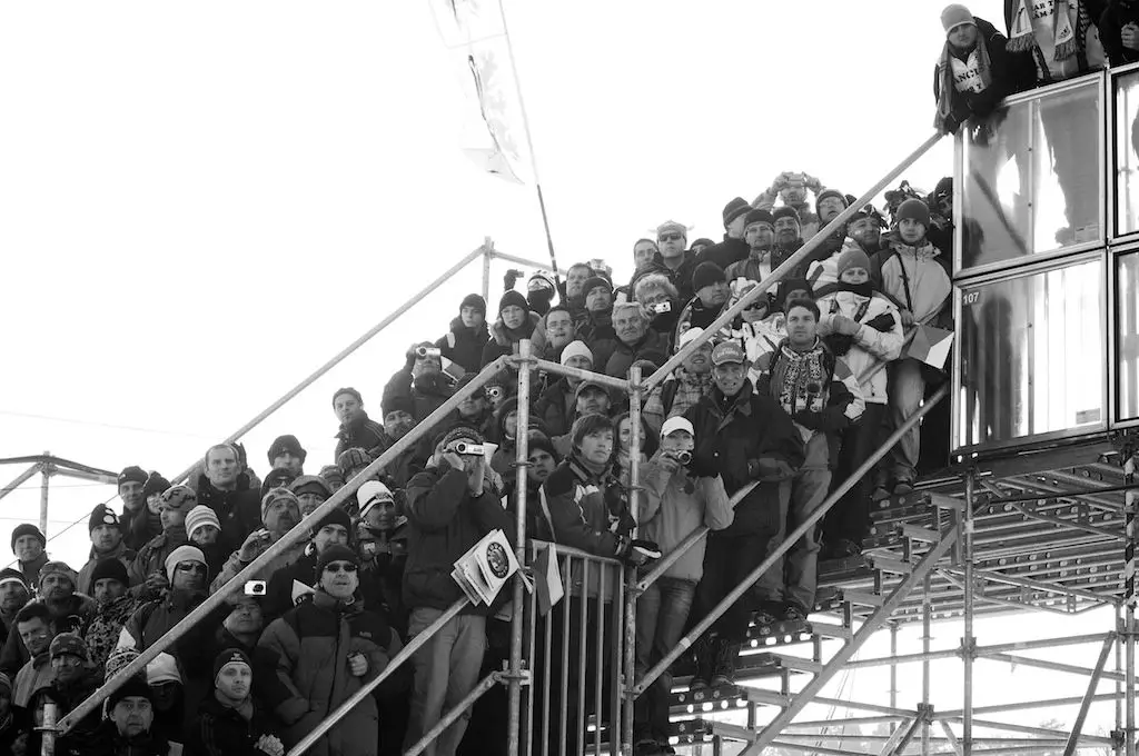 The bleacher steps offered a great vantage point for a few more spectators at the 2010 Cyclocross World Championships in Tabor, Czech Republic.  ? Joe Sales