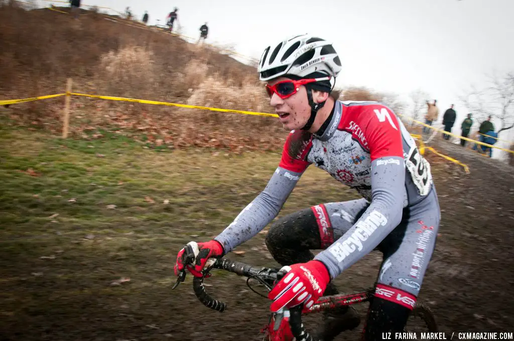 Zachary Bender (Specialized - Rising STARS p/b Bicycling) descends through the mud; he finished fifth. ©Liz Farina Markel
