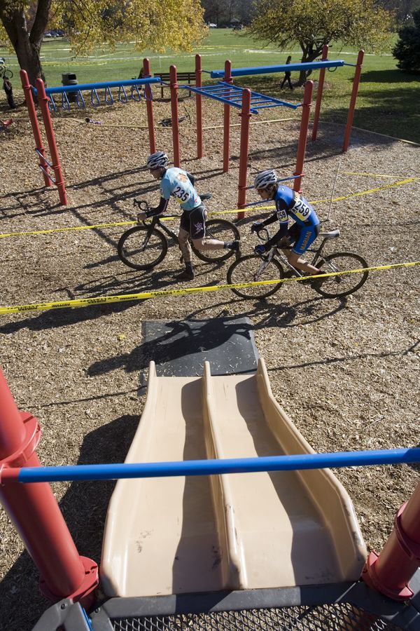 Riders found making their way through the playground section of the course wasn\'t child\'s play during day 3 of the Cincy3 Cyclocross Festival held Sunday at Harbin Park in Fairfield, Ohio. © Greg Sailor - VeloArts.com